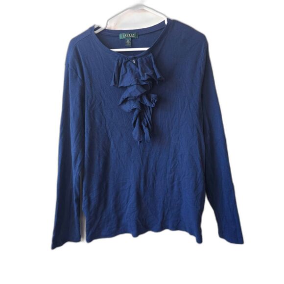 Lauren Ralph Lauren Tops - Lauren Ralph Lauren Navy Blue Long Sleeve Ruffle Button Stretch Western 2X Plus